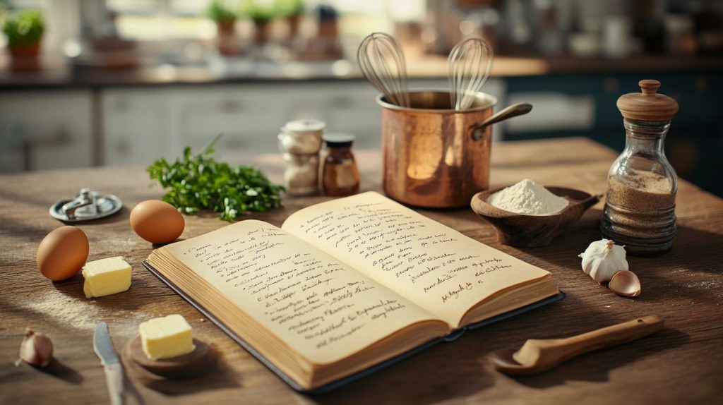 A creative colorful flatlay of an old French kitchen